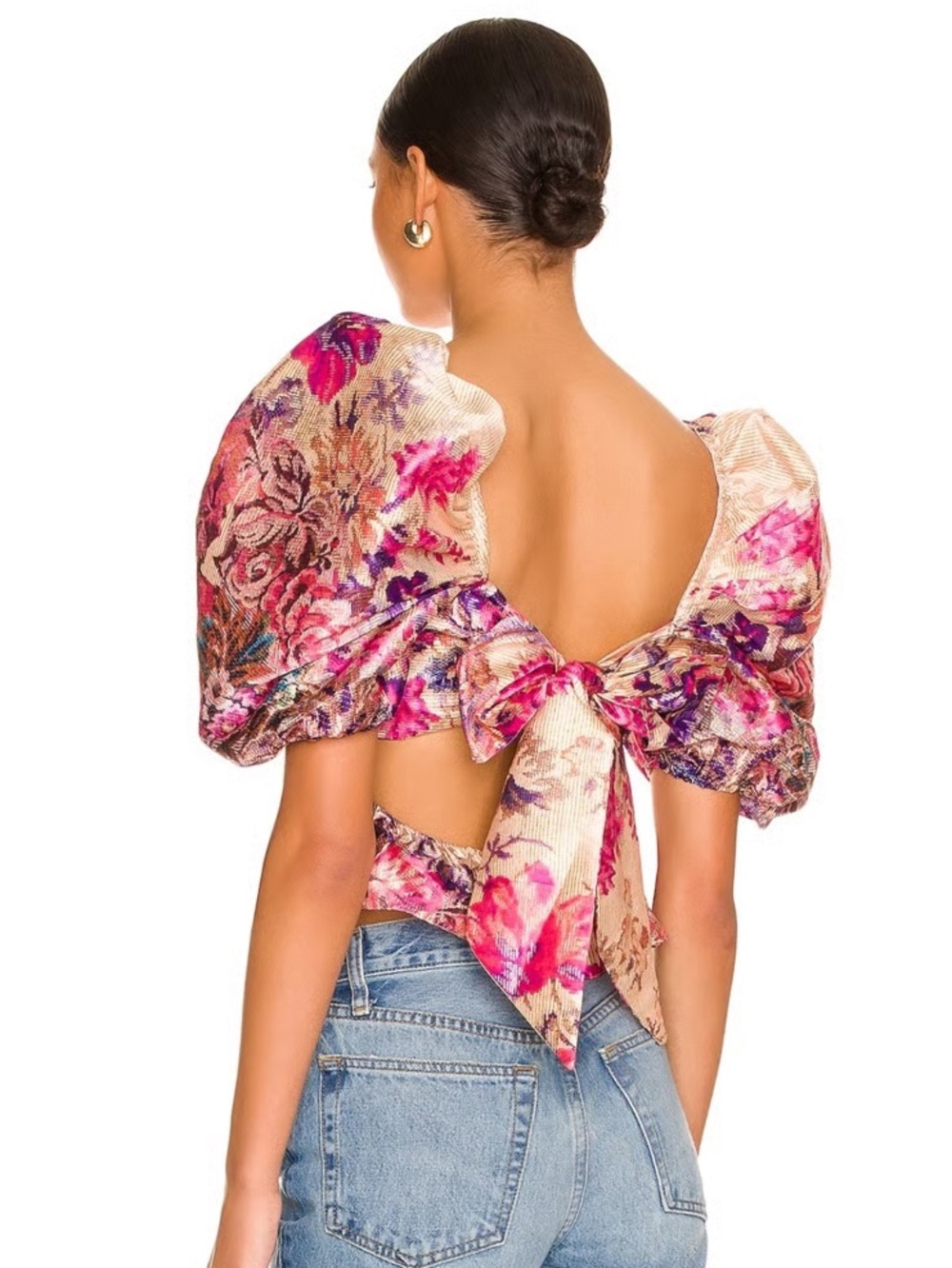 HEMANT AND NANDITA Leah Top Salmon Pink Floral Brocade Puff Sleeve Corset Small - Picture 3 of 10